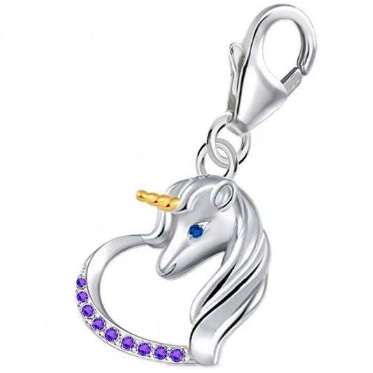 Einhorn Herz Charm 925 Silber mit Steine – Märchen Schmuck Lila