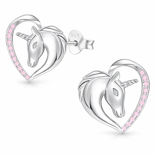 Einhorn Ohrstecker Kinder 925 Silber – Herz mit Pferd Rosa Bild 2