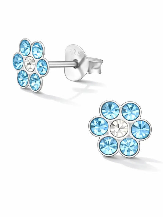 Blumen Ohrstecker Kinder 925 Silber - Bunte Blüte Aquamarin Bild 2