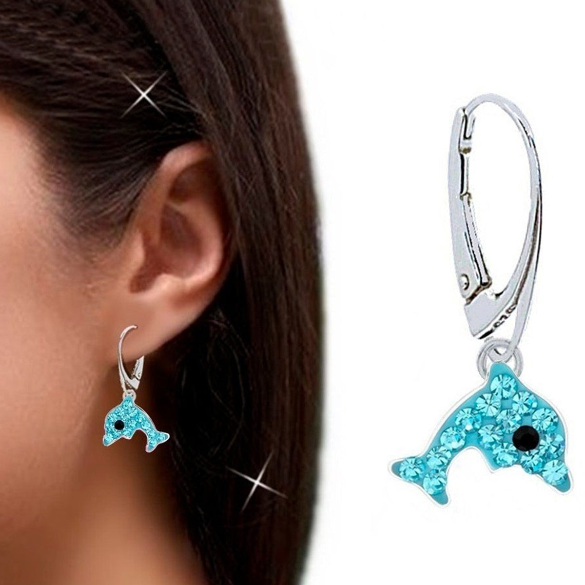 Delfin Ohrhänger für Mädchen aus 925 Silber mit blauen Kristallen bild 2