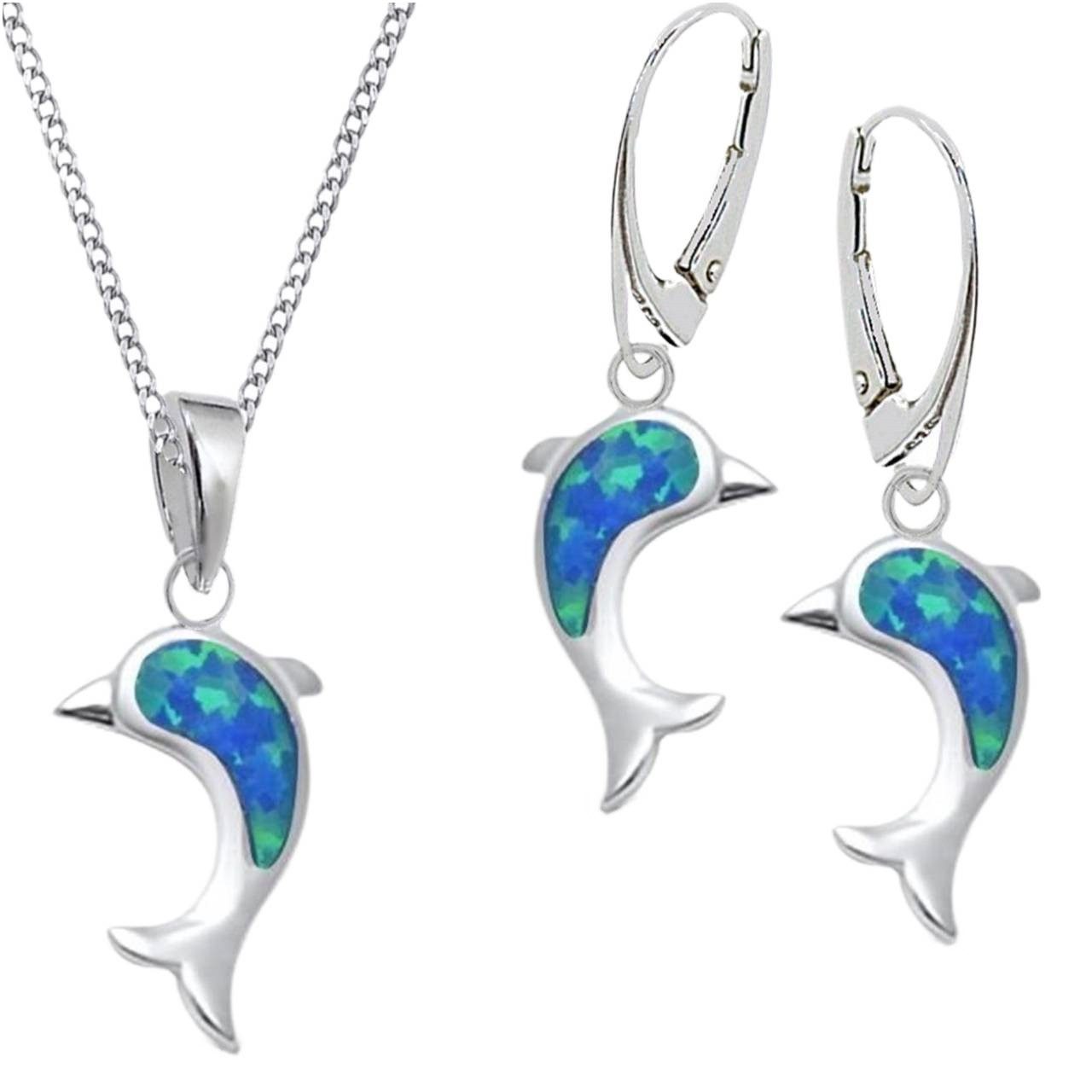 Delfin Set mit Silberkette und Ohrringen mit blauem Opal Bild 1