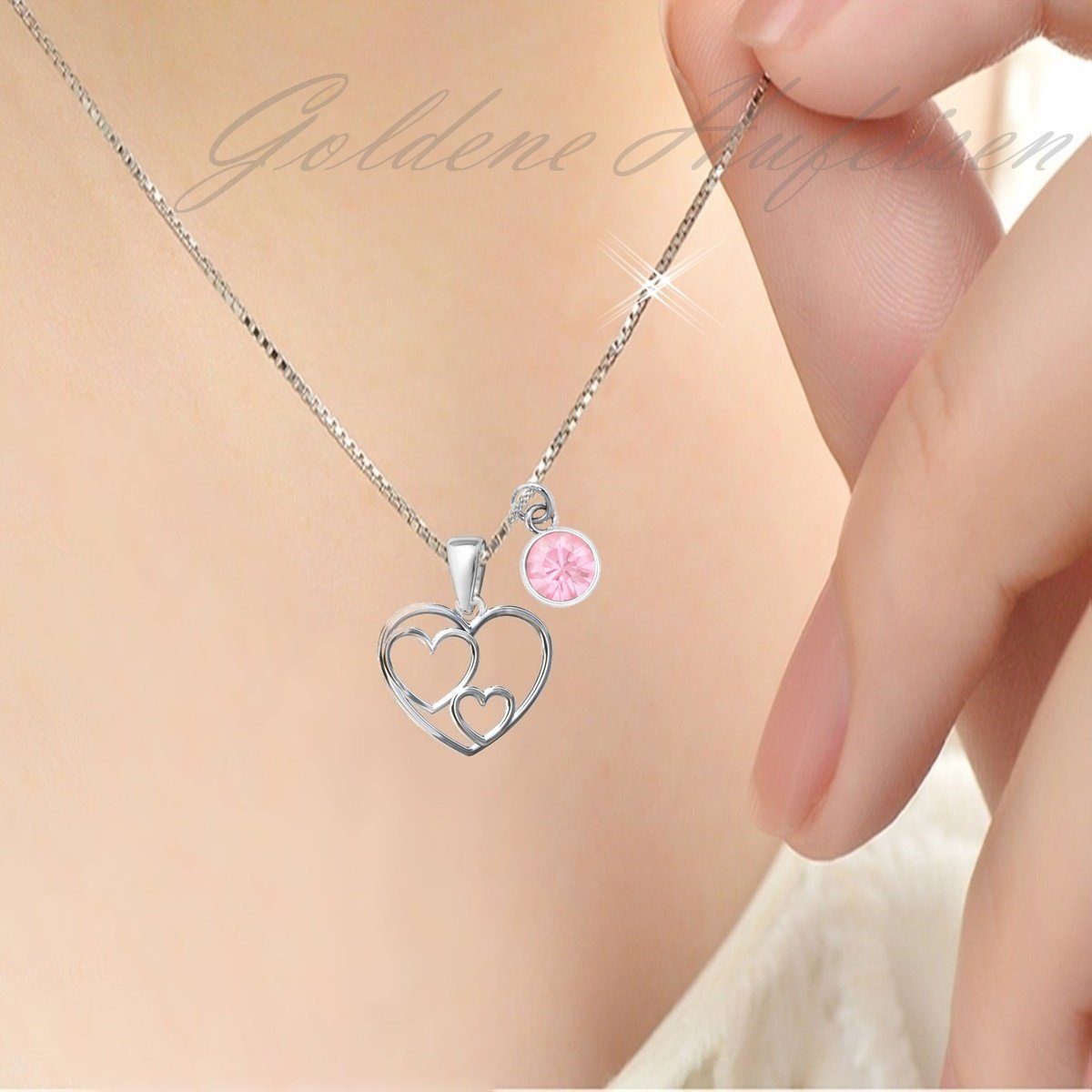 Drei Herzen Kette für Mädchen mit rosa Stein Bild 2