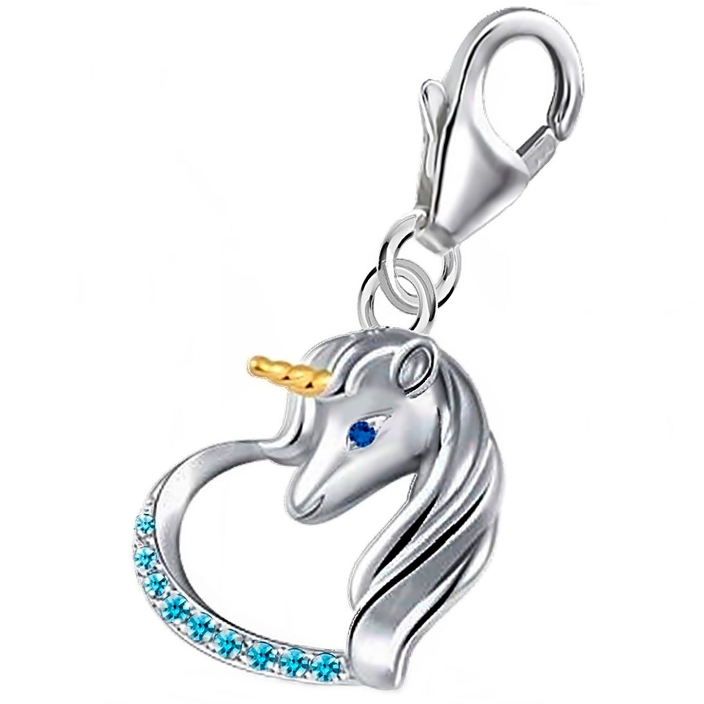 Einhorn Herz Charm 925 Silber mit Steine – Märchen Schmuck Blau