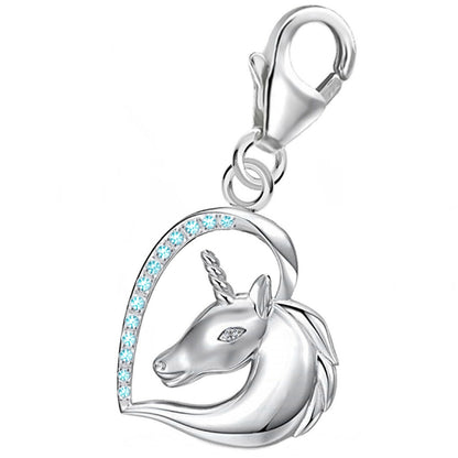 Einhorn Charm 925 Silber – Bettelarmband Schmuck mit Zirkonia Blau