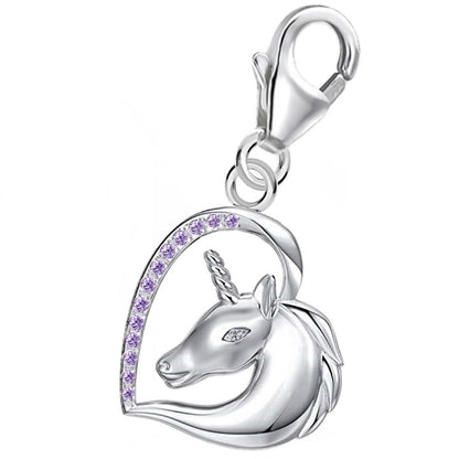 Einhorn Charm 925 Silber – Bettelarmband Schmuck mit Zirkonia lila