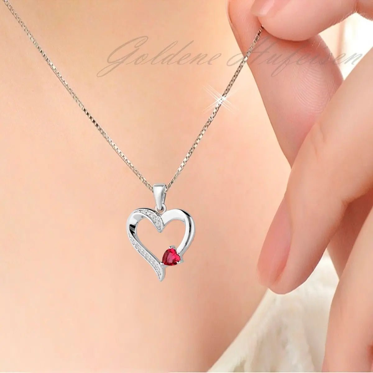 Herz Halskette aus echtem 925 Silber mit rubinfarbenen Zirkonia Bild 2