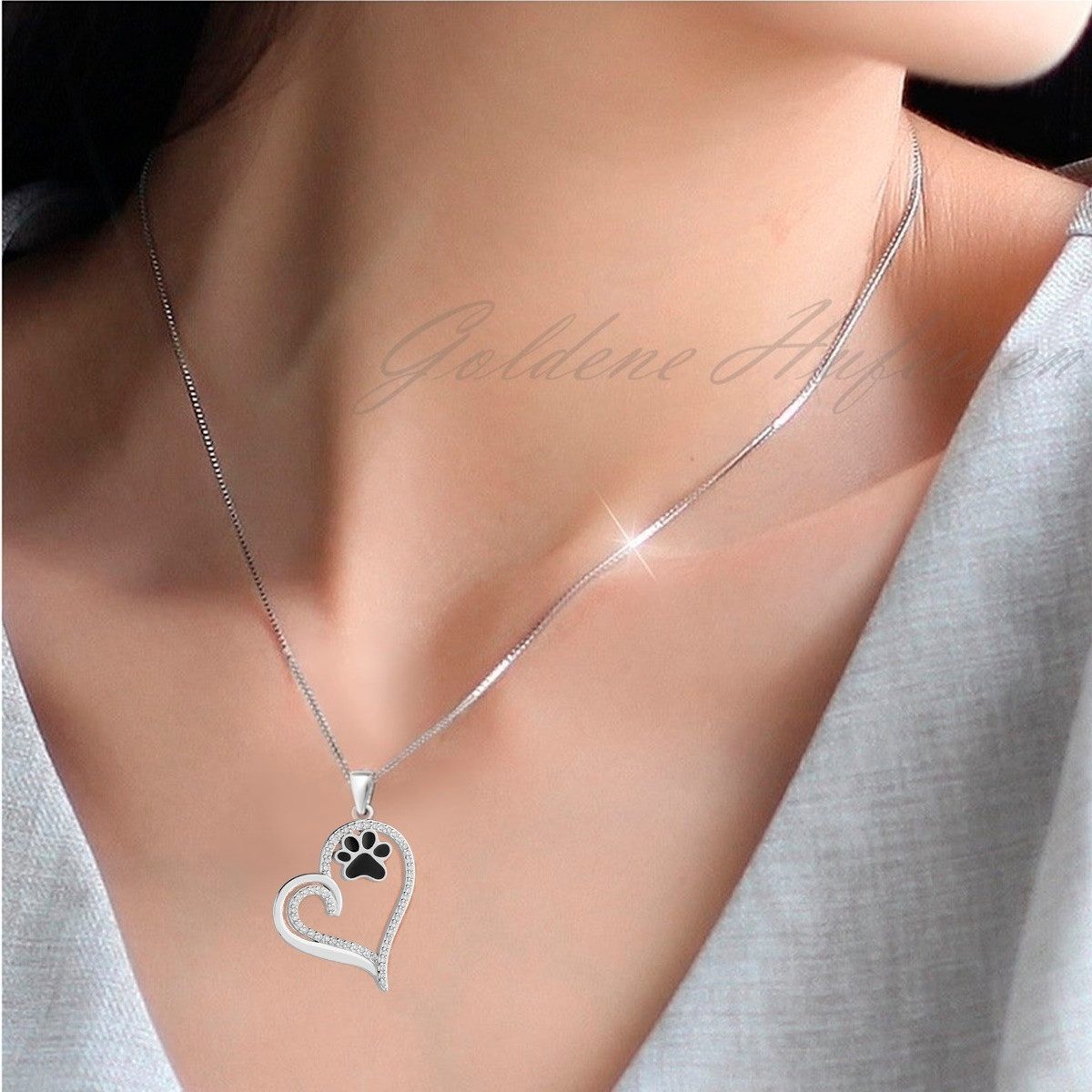 Herz Kette mit schwarzer Pfote aus echtem 925 Silber mit Zirkonia Bild 4