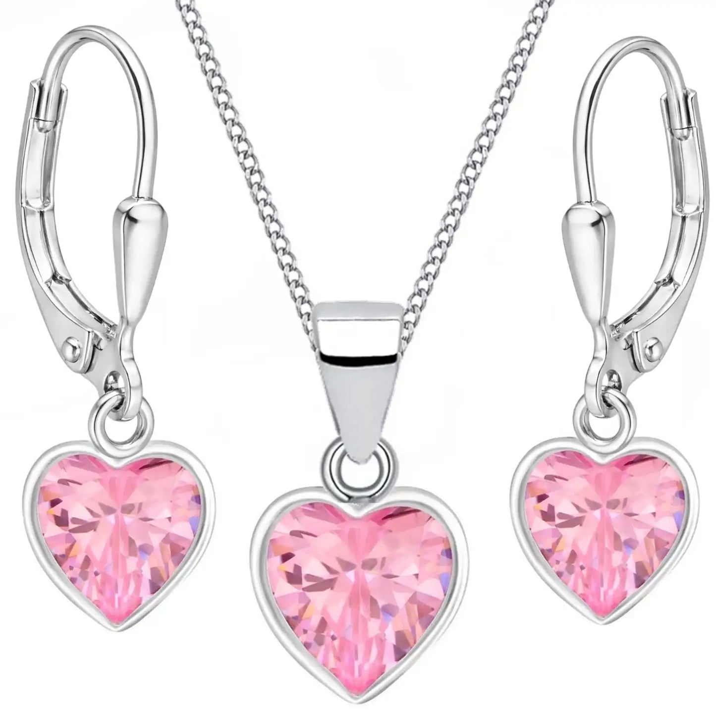 Herzen Schmuckset für Kinder aus 925 Silber mit Kette & Ohrringen, rosa