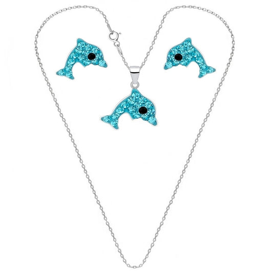 Kinder Schmuckset mit Delfin Anhänger, Silberkette und Ohrringen Bild 1