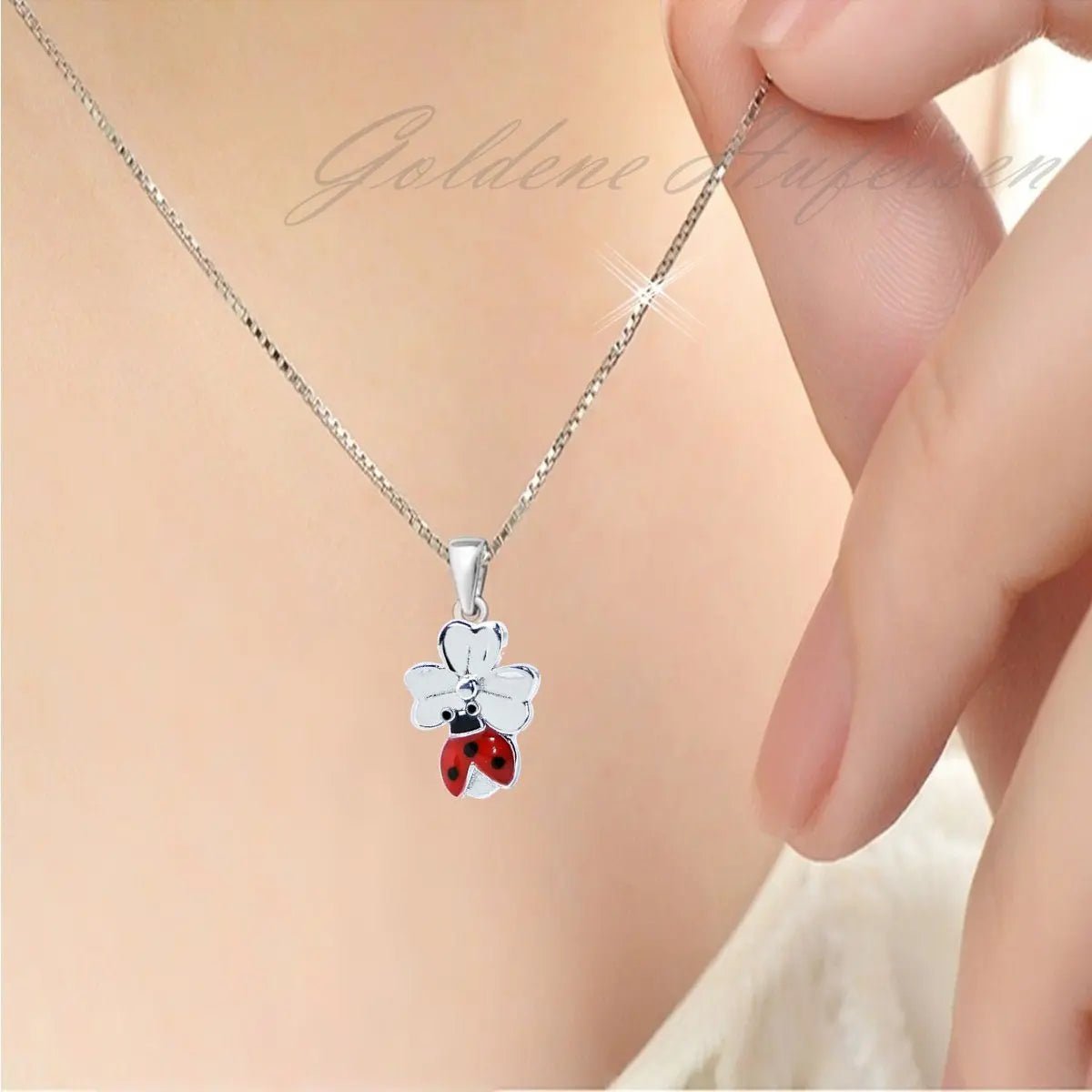 Kinderkette mit Kleeblatt & Marienkäfer Anhänger aus 925 Silber Bild 2