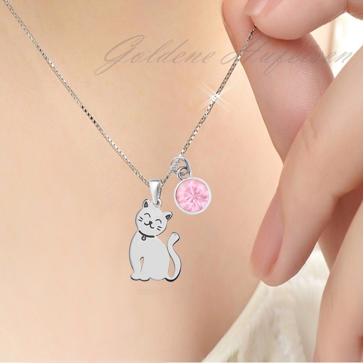 Kleines Kätzchen Kinderkette aus 925 Silber mit rundem Zirkonia rosa Bild 2
