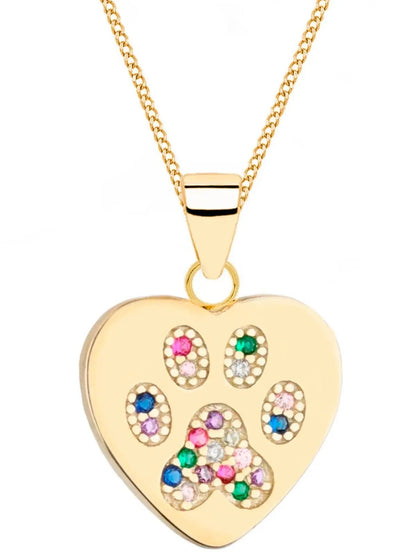 Pfote im Herz Kette aus vergoldetem 925 Silber mit bunten Zirkonia Bild 1