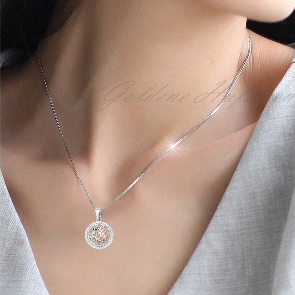 Runde Lebensbaum Kette 925 Silber mit Eule Bild 3