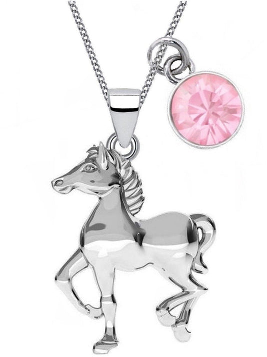 Silberkette mit Pferd Anhänger aus 925 Silber mit rundem Zirkonia rosa Bild 1