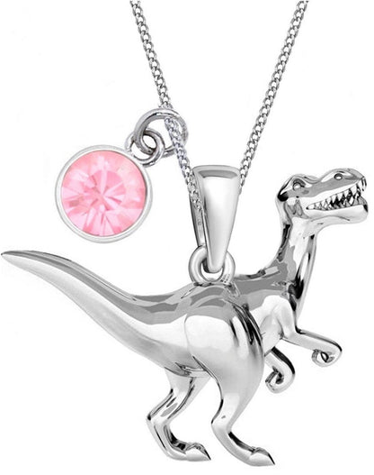 Silberne Dinosaurier Kette mit rosa Kristall Stein Dino Anhänger Bild 1
