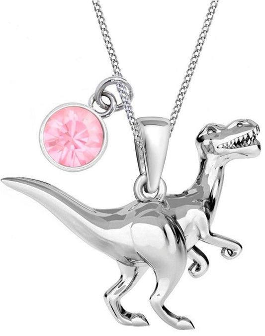 Silberne Dinosaurier Kette mit rosa Kristall Stein Dino Anhänger Bild 1
