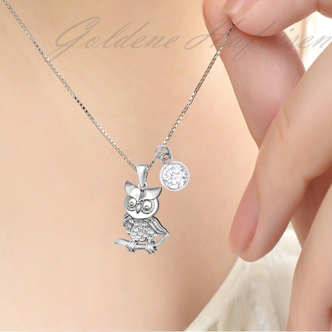 Silberne Eulen Halskette mit Zirkonia Stein aus 925 Silber Bild 2