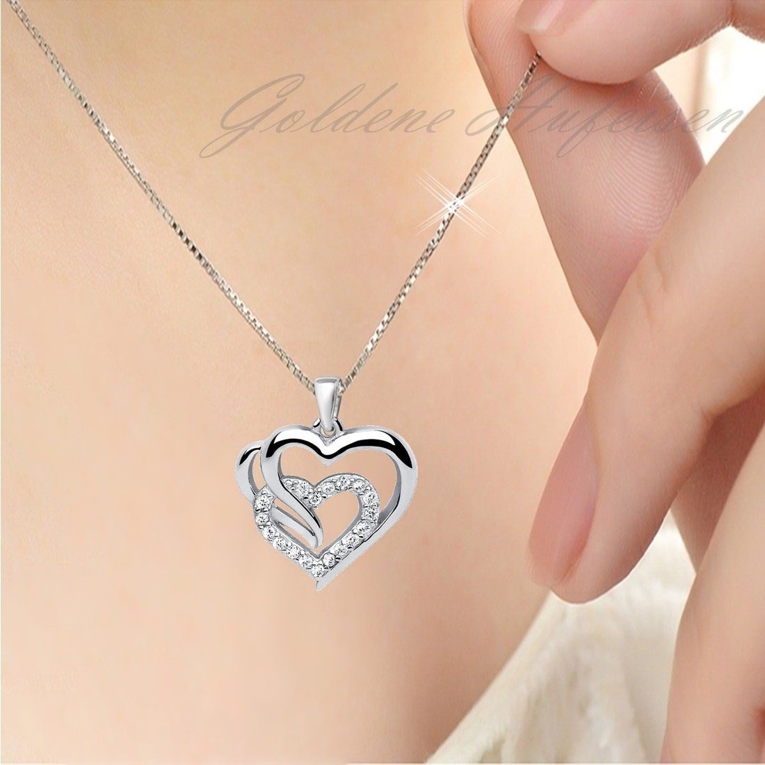 Zwei Herzen Halskette aus echtem 925 Silber mit Zirkonia Bild 2