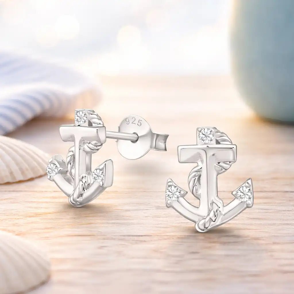 Anker Ohrschmuck Silber 925 mit Stein - Maritim Weiß Bild 3