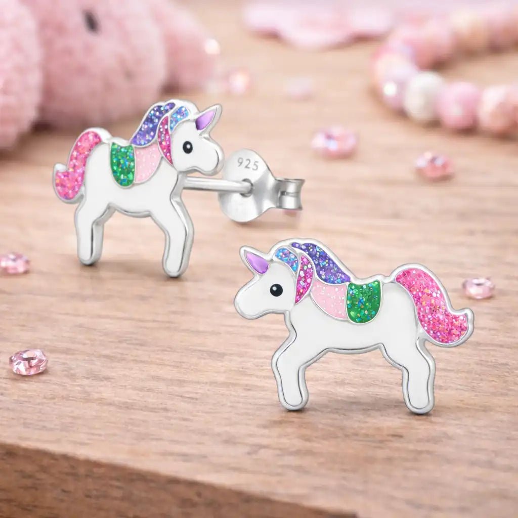 Einhorn Ohrstecker Kinder 925 Silber – Glitzernd Bild 2