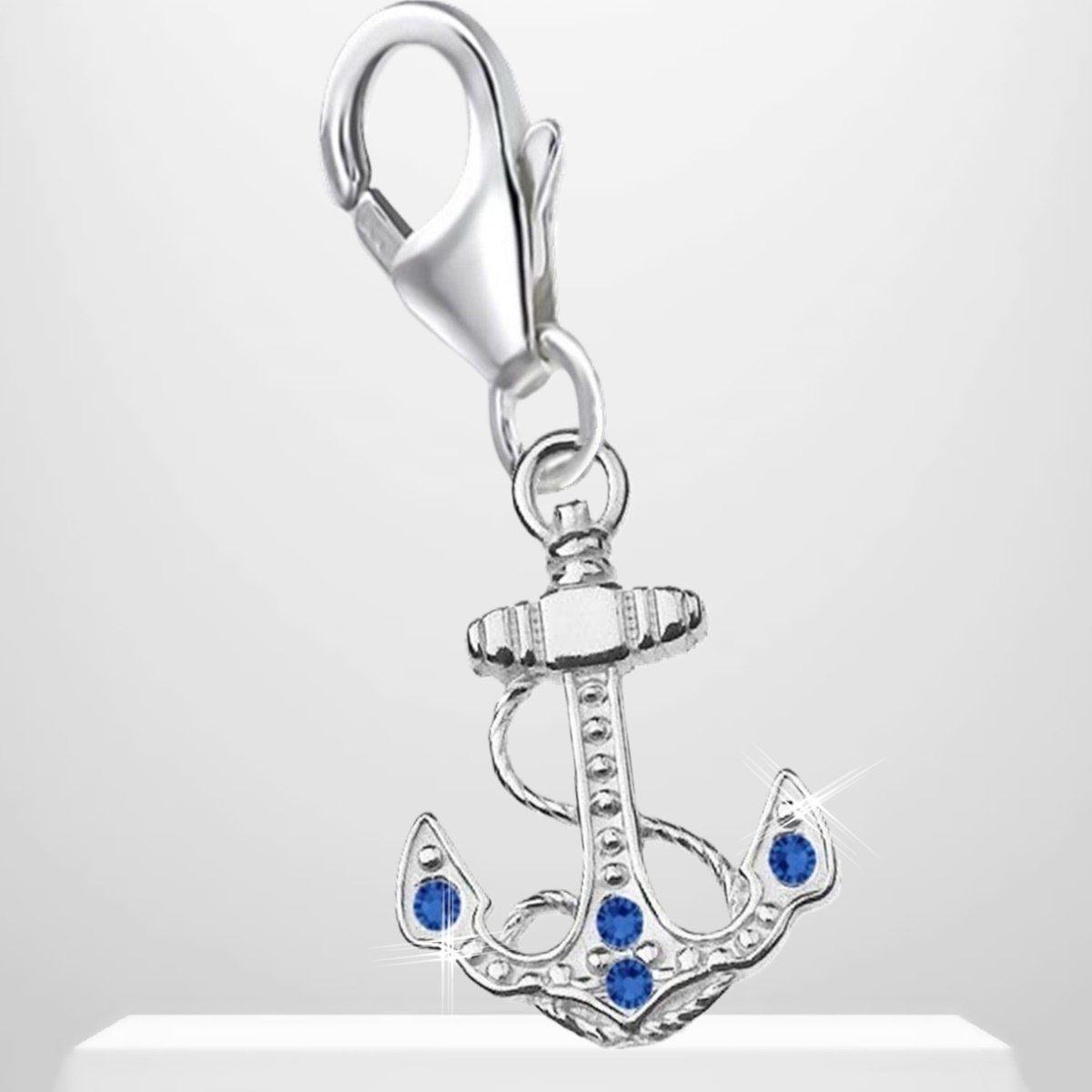 Charm Anhänger Anker Silber mit Blauen Zirkonia Karabiner Bild 3