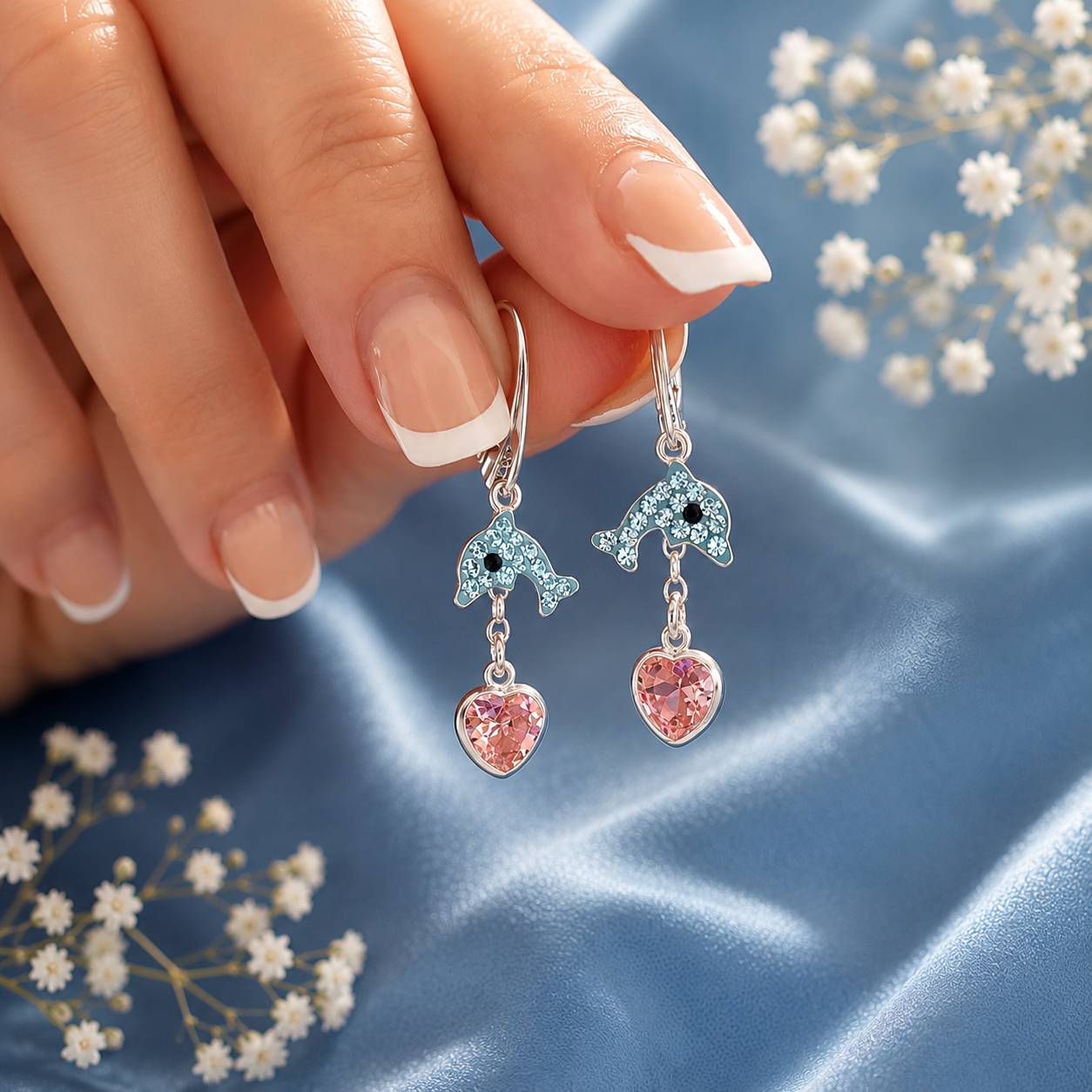 Blaue Kristall Delfine Ohrringe mit rosa Zirkonia Herzen an feiner Kette