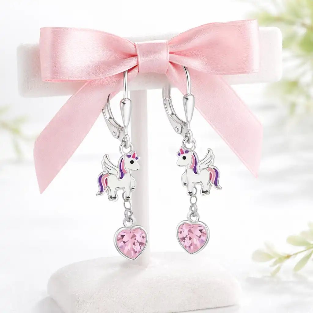 Einhorn Ohrringe Kinder 925 Silber mit rosa Herzen Bild 2