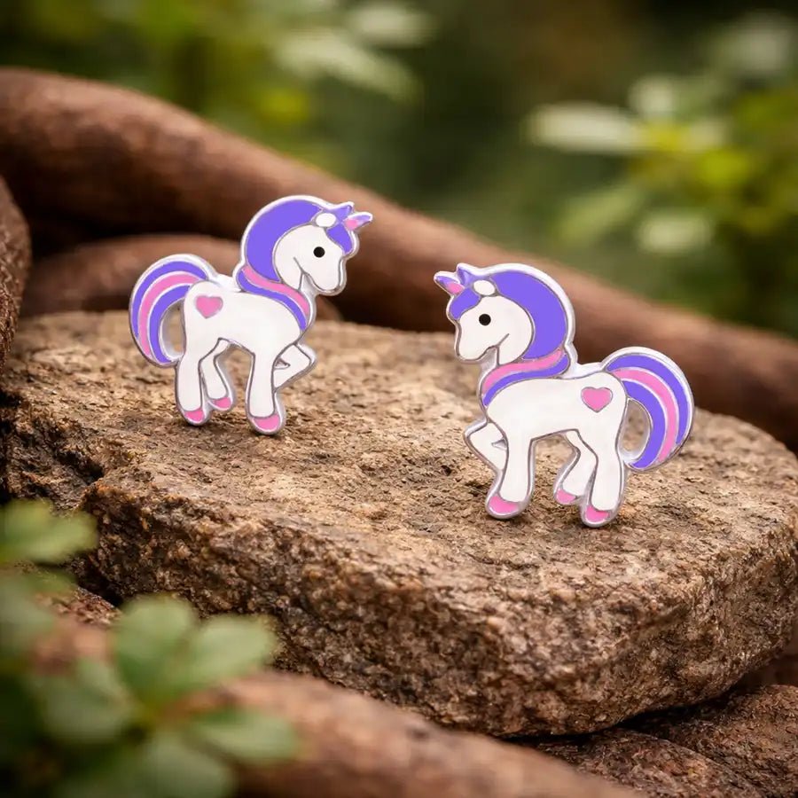 Einhorn Ohrstecker Kinder 925 Silber – Bunt Lila Bild 2