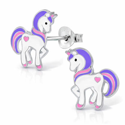 Einhorn Ohrstecker Kinder 925 Silber – Bunt Lila Bild 1