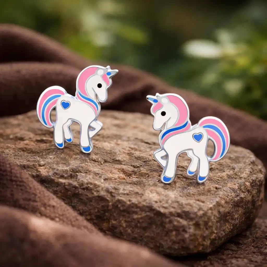 Einhorn Ohrstecker Kinder 925 Silber – Bunt Rosa Bild 2