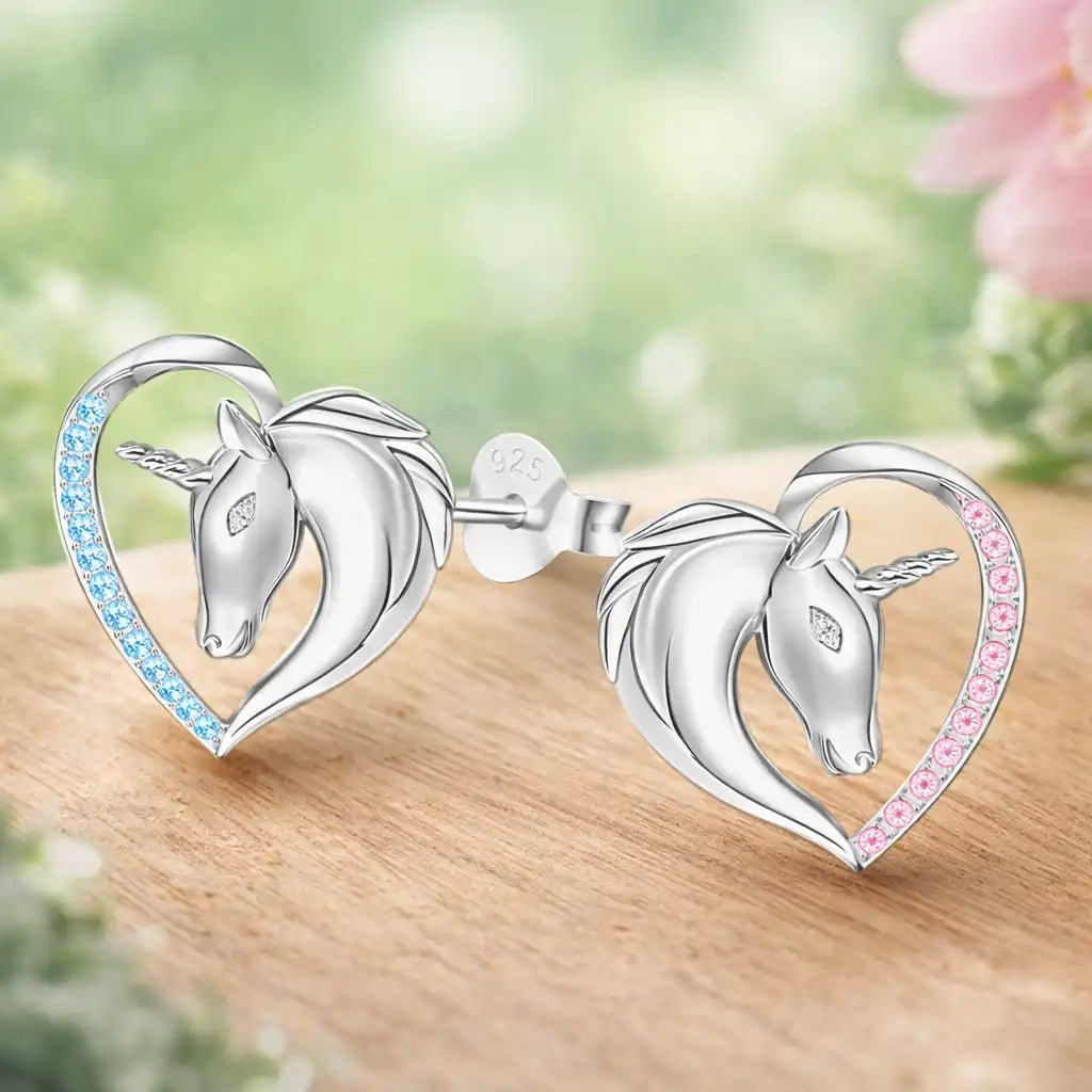 Einhorn Ohrstecker Kinder 925 Silber – Herz mit Pferd Rosa Bild 3