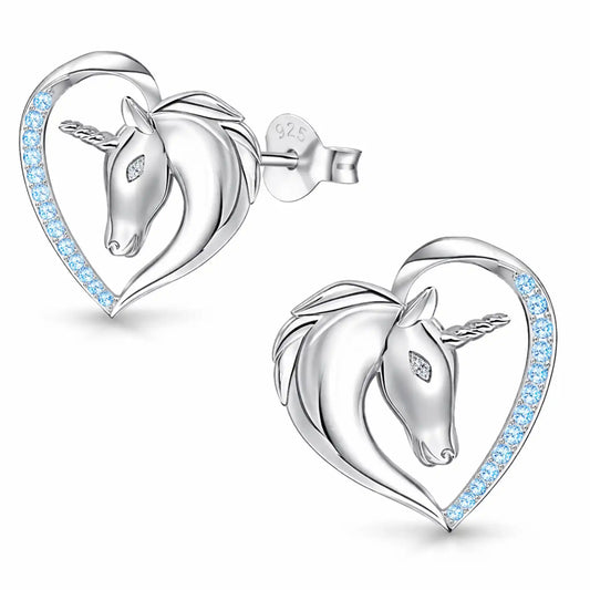 Einhorn Ohrstecker Kinder 925 Silber – Herz mit Pferd Blau Bild 1