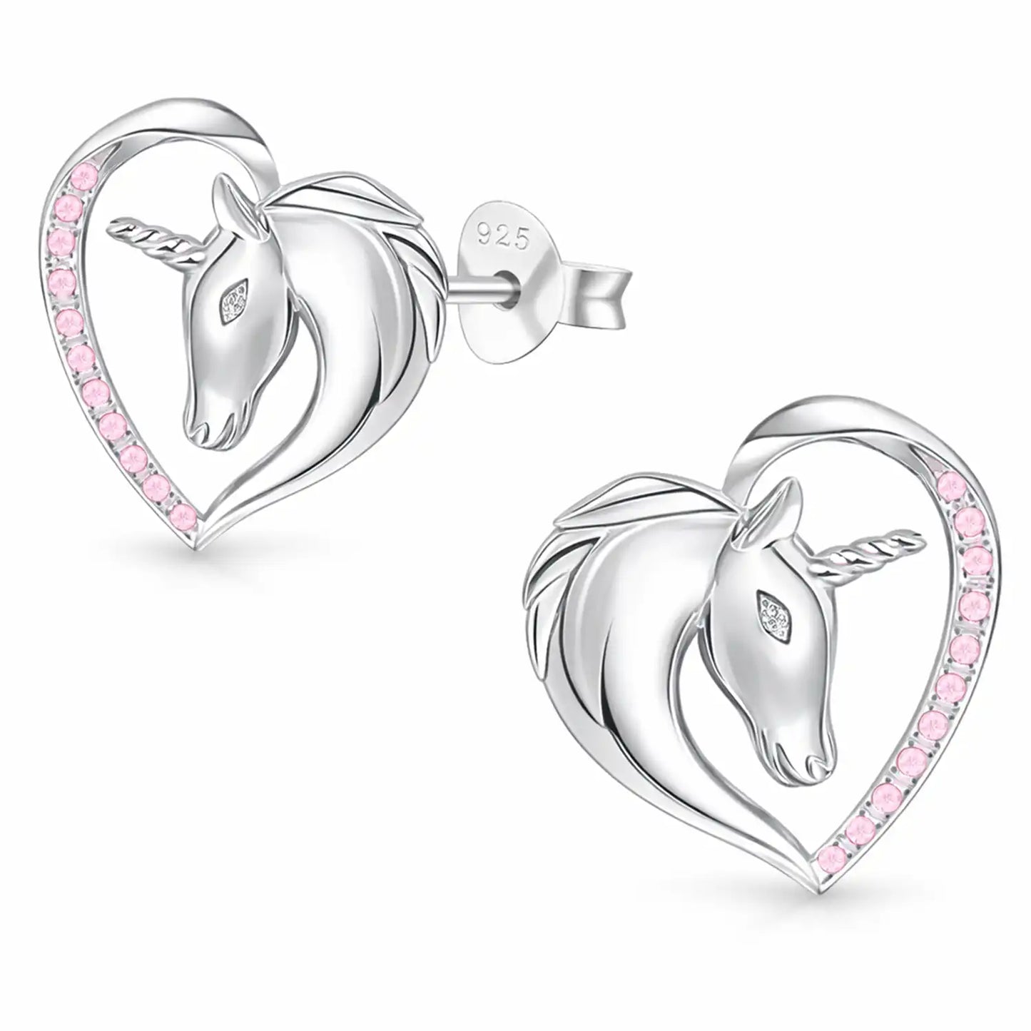 Einhorn Ohrstecker Kinder 925 Silber – Herz mit Pferd Rosa Bild 2