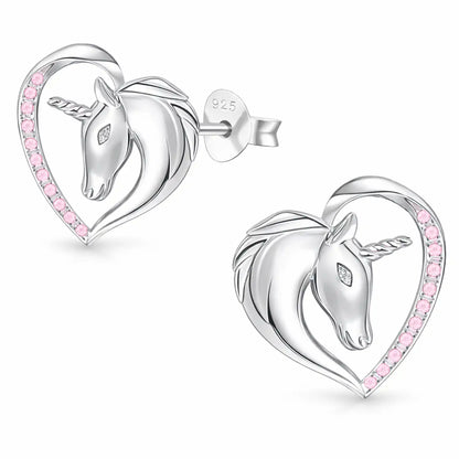 Einhorn Ohrstecker Kinder 925 Silber – Herz mit Pferd Rosa Bild 2