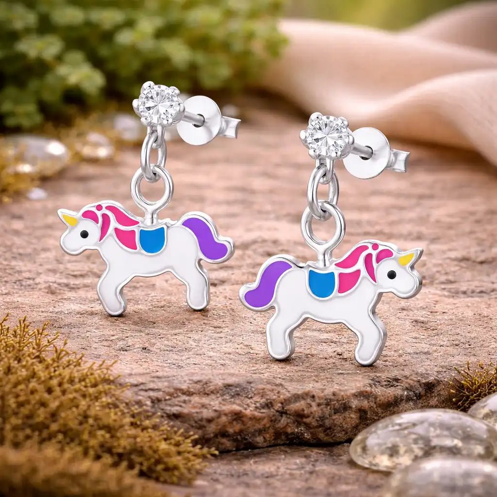 Einhorn Ohrstecker Kinder 925 Silber – Buntes Design Bild 2