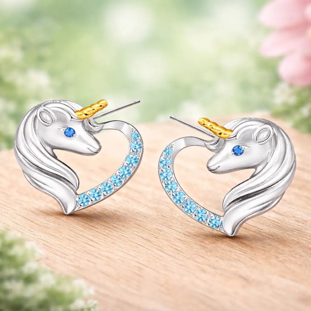 Einhorn Ohrstecker Kinder Silber 925 – bunte Pferd Herz Blau Bild 4
