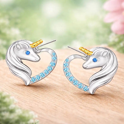 Einhorn Ohrstecker Kinder Silber 925 – bunte Pferd Herz Blau Bild 4