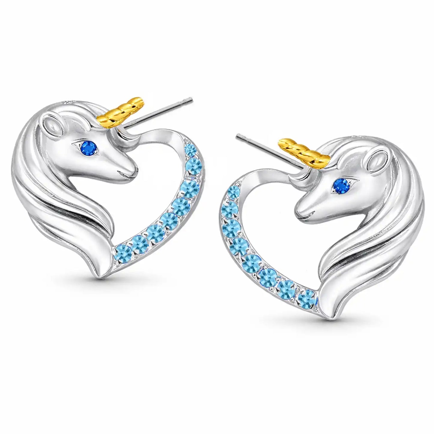 Einhorn Ohrstecker Kinder Silber 925 – bunte Pferd Herz Blau Bild 3