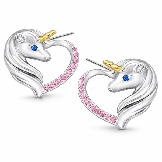 Einhorn Ohrstecker Kinder Silber 925 – bunte Pferd Herz Pink Bild 2