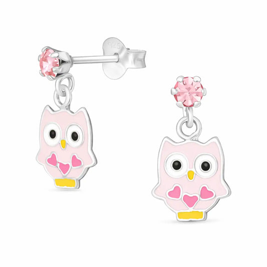 Eulen Ohrstecker Kinder Silber 925 – Rosa Vogel hängend Bild 1