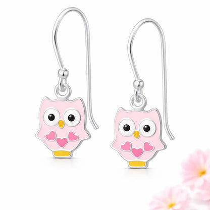 Eulen Ohrringe Kinder 925 Silber – Rosa Vogel hängend Bild 1