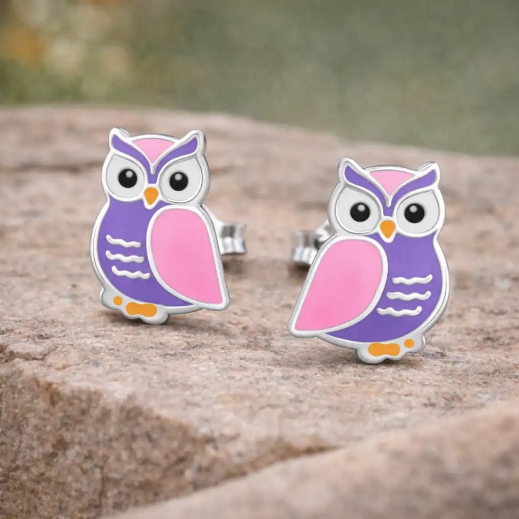 Eulen Ohrstecker Kinder Silber 925 – Vogel Lila Rosa Bild 2