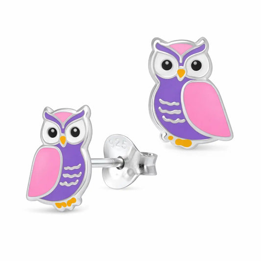 Eulen Ohrstecker Kinder Silber 925 – Vogel Lila Rosa Bild 1
