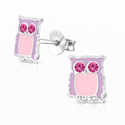 Eulen Ohrstecker Kinder 925 Silber – Bunter Nachtvogel Pink Bild 1