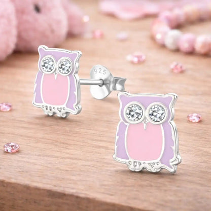Eulen Ohrstecker Kinder 925 Silber – Bunter Nachtvogel Weiß Bild 4
