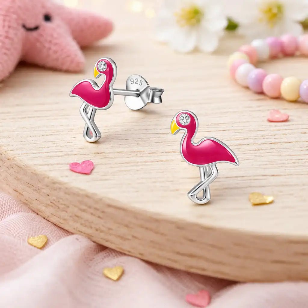 Flamingo Ohrstecker Kinder 925 Silber – Pink Vogel Bild 2