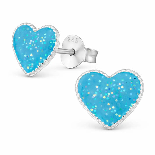 Herz Ohrstecker Kinder Silber 925 – Glitzer Farben Blau Bild 2