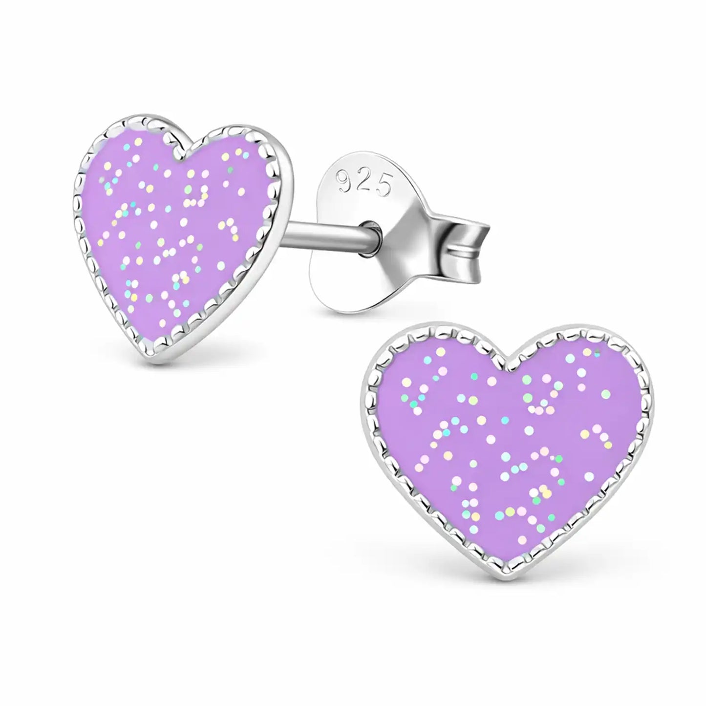 Herz Ohrstecker Kinder Silber 925 – Glitzer Farben Lila Bild 1