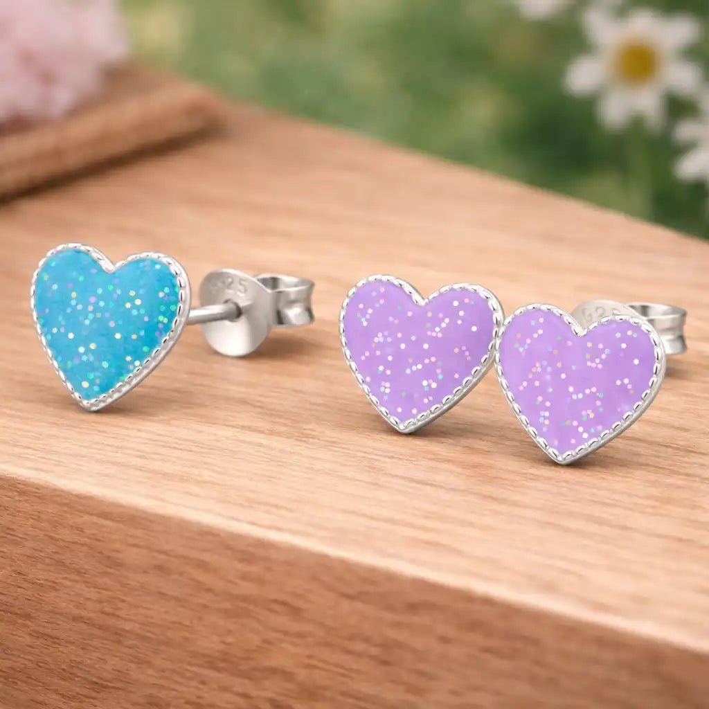 Herz Ohrstecker Kinder Silber 925 – Glitzer Farben Blau Bild 3
