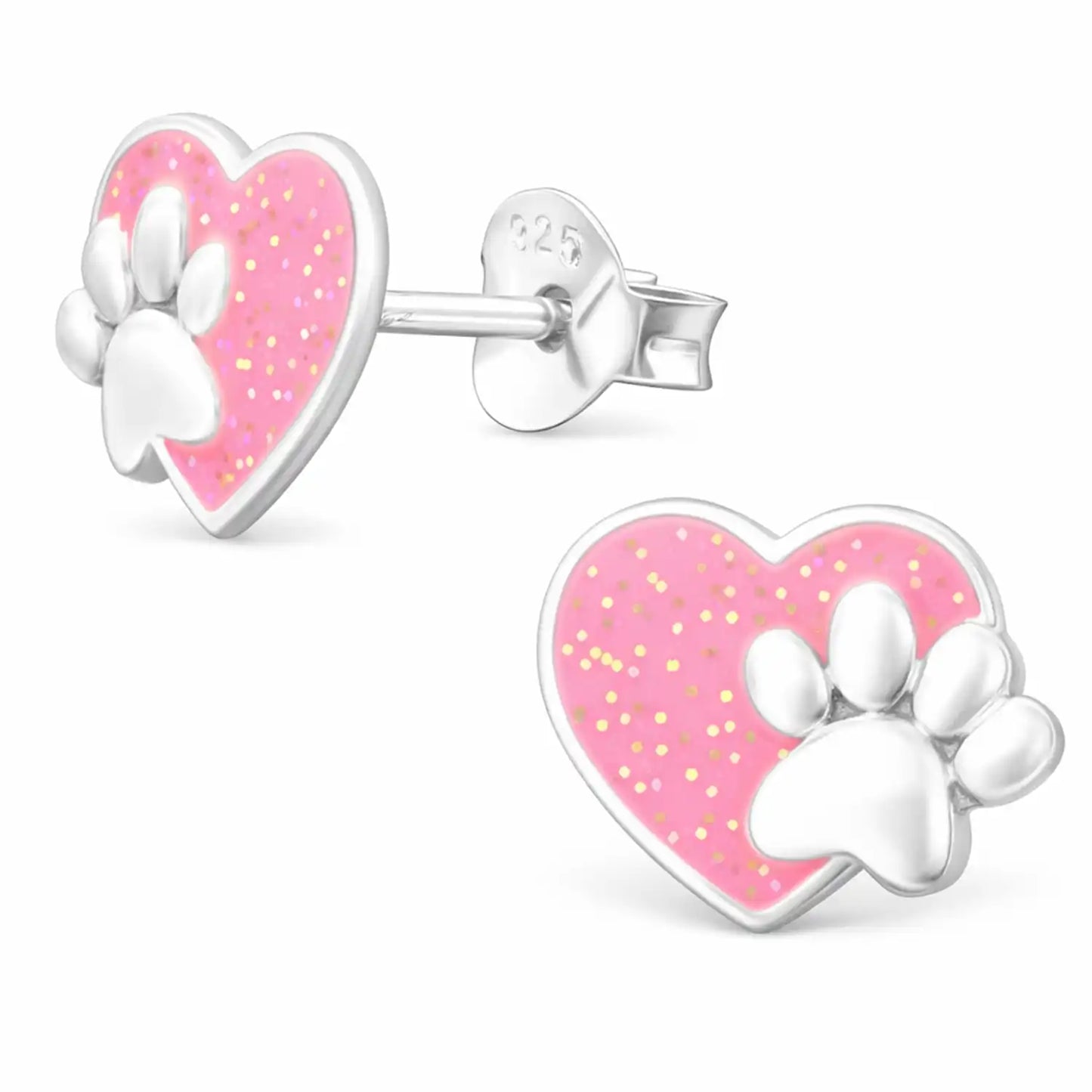 Pfoten Herz Ohrstecker Silber 925 – Tierpfote Rosa Bild 1